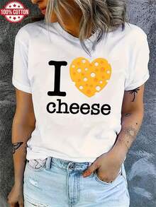 1PC 100%cotton I Love Cheese Graphic Print Women's Short Sleeve TShirt, Winter base layer shirt. - Blanco - Ver 1