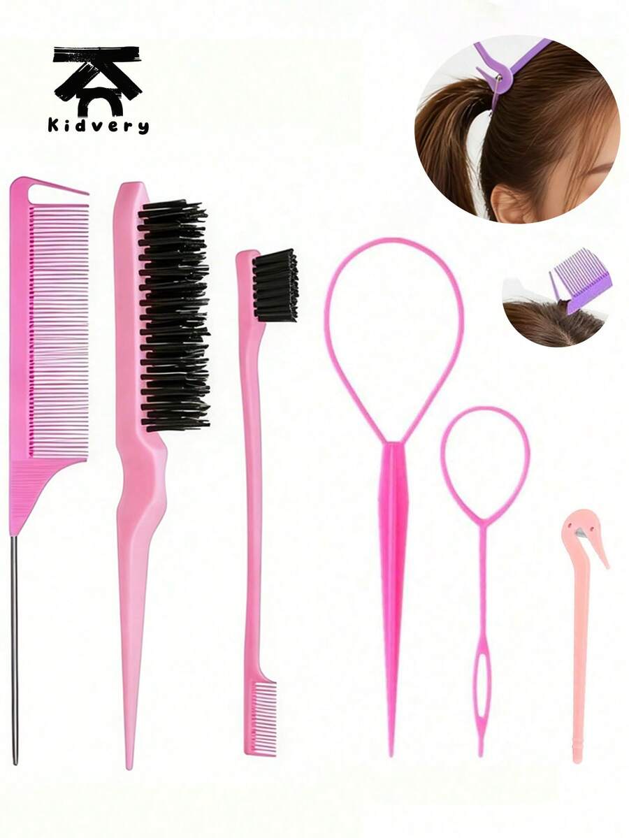 6pcs Hair Styling Tool Set – Teasing Brush, Rat Tail Comb, Suitable For Adult & Kids & Children & Girls & Boys, Edge Brush & Hair Loop Tools For Braiding, Sectioning, And DIY Hairstyles.Kidvery