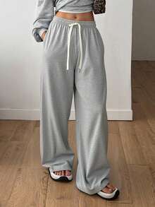 Women's Loose Fit Drawstring Waist Casual Wide Leg Pants, Everyday Wear - Light Grey - View 4
