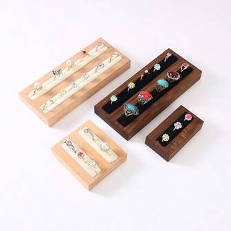 Walnut & Beechwood Ring Display Tray, Fashionable High-End Jewelry Display Stand, Black & Beige Ring Storage & Display Rack