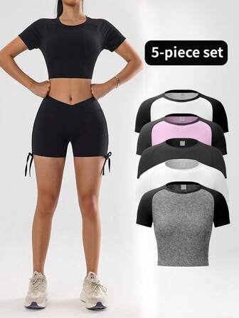 5 st. sporttights för kvinnor, rund halsringade träningströjor, andningsbara, snabbtorkande kompressionströjor för löpning, fitness, cykling, kortärmade