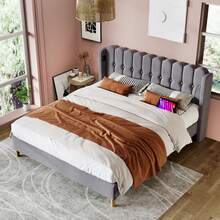 Upholstered Double Bed With USB Type-C Charging Function, Bed Frame With Slatted Base, Upholstered Bed In Grey, 180 X 200 Cm Bed Frame, Youth Bed For Bedroom/Guest Room - Linen Material - Grey - View 7