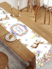 1pc Colorful Rabbit Easter Table Runner, Featuring Rabbit Wreath Pattern, 35*180cm Polyester Farmhouse Style Easter Table Runner, 2026 Easter Home Decor, Kitchen Dining Table Decoration, Spring Holiday Decor - Multicolor - View 8