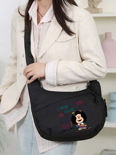 1 Bolso bandolera de mujer de nailon duradero con un lindo estampado de la niña Mafalda, anti-robo y multicompartimento (cabe iPad), 5 colores de estilo (negro/blanco/naranja/rosa/azul), perfecto para ir al trabajo, compras y viajes