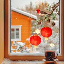 中国新年红鸟灯笼窗贴，雪景氛围窗饰贴纸，中式节日窗贴/墙贴，易于粘贴 - 彩色 - 查看 6