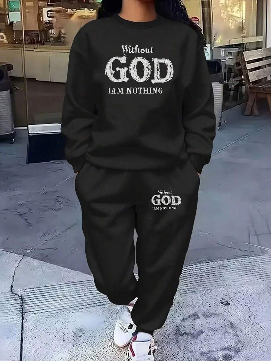 Plus Size Women'S 2 Piece Sets Sweatsuit, Without GOD I AM NOTHING, Round-Neck Sports Outfit & Baggy Cinch Bottom Sweatpants Fashion Clothing Two Piece Sets, Casual Fashion Cozy Sportswear Set - màu đen - Xem 1
