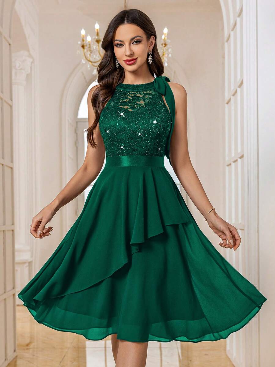 MIUSOL Đầm dạ hội cổ yếm phối ren hoa đính sequin, thích hợp cho sinh nhật, dự đám cưới, dạ tiệc và các dịp khác, kiểu dáng thanh lịch mùa hè.