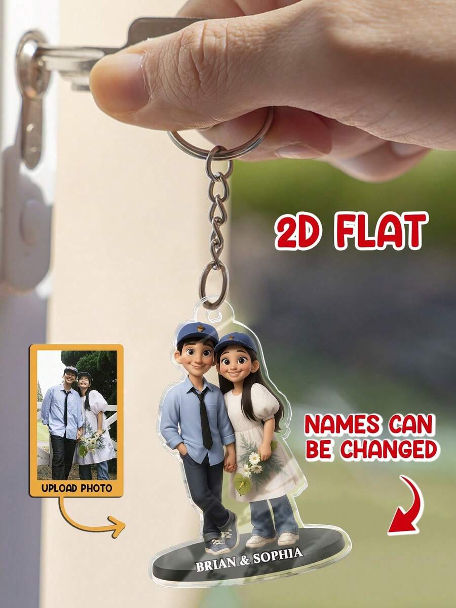 Customized 2D -Style Graphic Art Personalized Acrylic Keychain, Rendered 2D Graphic Based On Uploaded Photo, Personalized Keychain Gift For Family, Suitable For Christmas Decoration, Valentine's Day, Anniversary, Christmas Souvenirs, Wedding Souvenirs