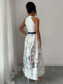 1pc Elegant Woven Fabric Pleated Dress, Suitable For Vacation, Daily Wear, Beach, All Seasons - Blue and White - View 2