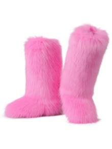 EdgyElongate Women's Winter Christmas Fur Boots Fuzzy Fluffy Round Toe Suede Booties Flat Heel Slip On Furry Snow Boots Fashion Warm Fluffy Shoes - Hồng dài - Xem 6
