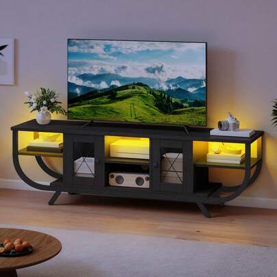 140cm Industrial TV Stand Cabinet With LED Lights – Rustic Brown, Metal Frame, Storage Cabinets & Open Shelves, Fits 65 Inch TVs -By GeoTower