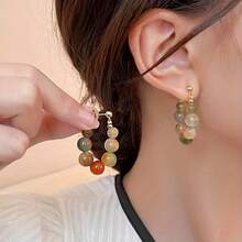 Elegant Luxury Ladies Beaded Ring Earrings - Multi-Colored Faux Jade, Alloy With Stainless Steel Stud Earrings, Ideal For Daily Wear And Gift Wear, Vintage Earrings - Gold - View 2