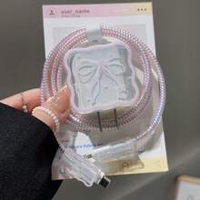 1 Set TPU Soft Case Protector Compatible With Apple Charging Cable & Adapter, Compatible With Apple 18/20W Charger Protective Cover To Prevent Breakage, Comes With Strap For Easy Storage - Pink - View 4