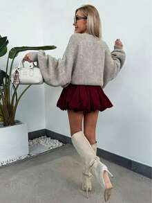 Solstice Apparel Bubble Pleated High Waist A-Line Mini Skirt, Burgundy Woven Fabric, Suitable For Commute, Daily Wear, Date, Spring/Summer, Valentine's Day - Burgundy - View 2