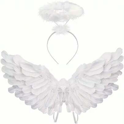 两件套优雅天使翅膀及头饰套装 - 白色柔软毛绒仿羽毛翅膀，配心形头箍，耐用塑料框架，佩戴方便，适用于万圣节、圣诞节、化装舞会（仅含服装，不含电池）