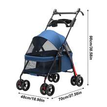 4-Wheel Pet Stroller With Rotating Handle - Foldable Dog Cat Stroller + Cup Holder - Blue - View 2
