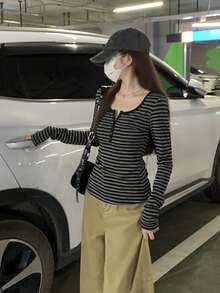 Áo thun nữ dáng ôm cổ tròn tay dài kẻ sọc, kiểu Hàn Quốc, thích hợp mặc mùa thu xuân. - Xám - Xem 3