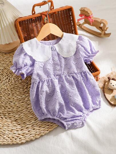 Baby Girls' Peter Pan Collar Butterfly Embroidered Bodysuit, Sweet Cute Casual Comfortable Minimalist Daily Wear, Spring/Summer