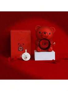 1PC Valentine's Day Rose Hugging Bear Gift Box Creative Rotating Rose Jewelry Box Red Soap Flower Gift Box Necklace Storage Ring Women's Gift Box (Jewelry Not Included) - Multicolor - View 3