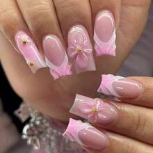 24片长方形3D凝胶美甲贴片，可打造珍珠花朵美甲，白色法式亚克力按压式美甲贴片，持久贴合假指甲套装，包含：1片果冻凝胶和1个指甲锉，易于佩戴，适合夏季美甲和法式美甲，适合女性日常工作、派对等场合。美甲用品 - 彩色 - 查看 8