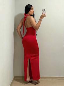 Elegant, Sensual, Long Dress With Halter Neck Tie, Made Of Knit Fabric. - Đỏ - Xem 2