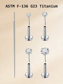 CIZME 20g Threadless Titanium Alloy Lip Ring, Flat Base Cartilage Earring, 6mm/7mm/8mm Tragus/Helix Earrings, Unisex, G23 Push-In Lip Piercing Jewelry With 2mm/3mm/4mm Zirconia Inlaid Top - Silver - View 6