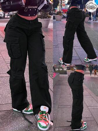 GILIPUR Nya svarta, eleganta cargobyxor, elastisk design med flera fickor, enfärgade lösa byxor i Y2K-stil, gatustil för hösten, retromode, lämplig för nyår, alla hjärtans dag, vårfestival och andra högtidsutflykter, lämplig för vår, sommar, höst och vinter, förfinad casual, perfekt för formella banketter, avslappnade middagar och konserter.