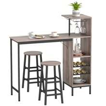3-Piece Bar Table Set With Storage, Bottle Racks, Glass Holders And Stools With Footrests, Ideal For Small Spaces, Grey. - Maroon - View 6