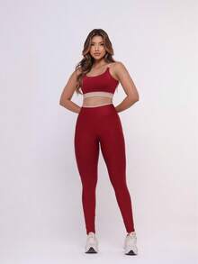 Premium Suplex Fitness Set With Leggings And Padded Top, No Transparency, Gym Workout Kit, High Compression Leggings. - 胭脂紅/肉桂 - 查看 4