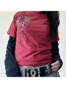 Women Y2k Fairy Grunge Long Sleeve Shirt Top Gothic Graphic Crewneck Loose Fit T Shirts Tees Teen Girls 90s E Girls Emo Harajuku Clothes Spring Fall Vintage Aesthetic Tops Streetwear - Đỏ - Xem 4