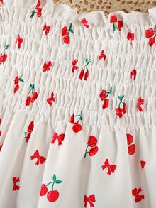 Spring/Summer Valentines Day Girls Dress, Elastic Waist Puff Sleeve Short Sleeve Dress, Cherry Blossom & Bow Print, Sweet & Cute, Casual Everyday/Holiday Outfit - White - View 6