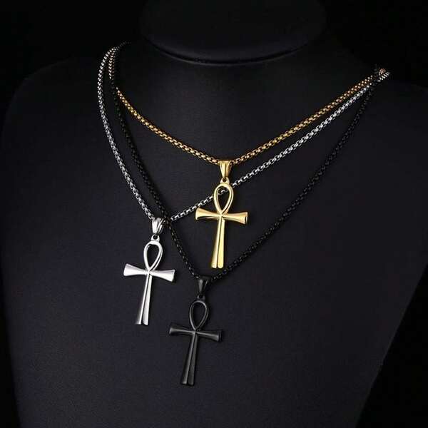 18K Gold Plated Ankh Cross Necklace, 3D Key Of Life Pendant Necklace, Ancient Egyptian Amulet, Stainless Steel Jewelry, Gift For Men