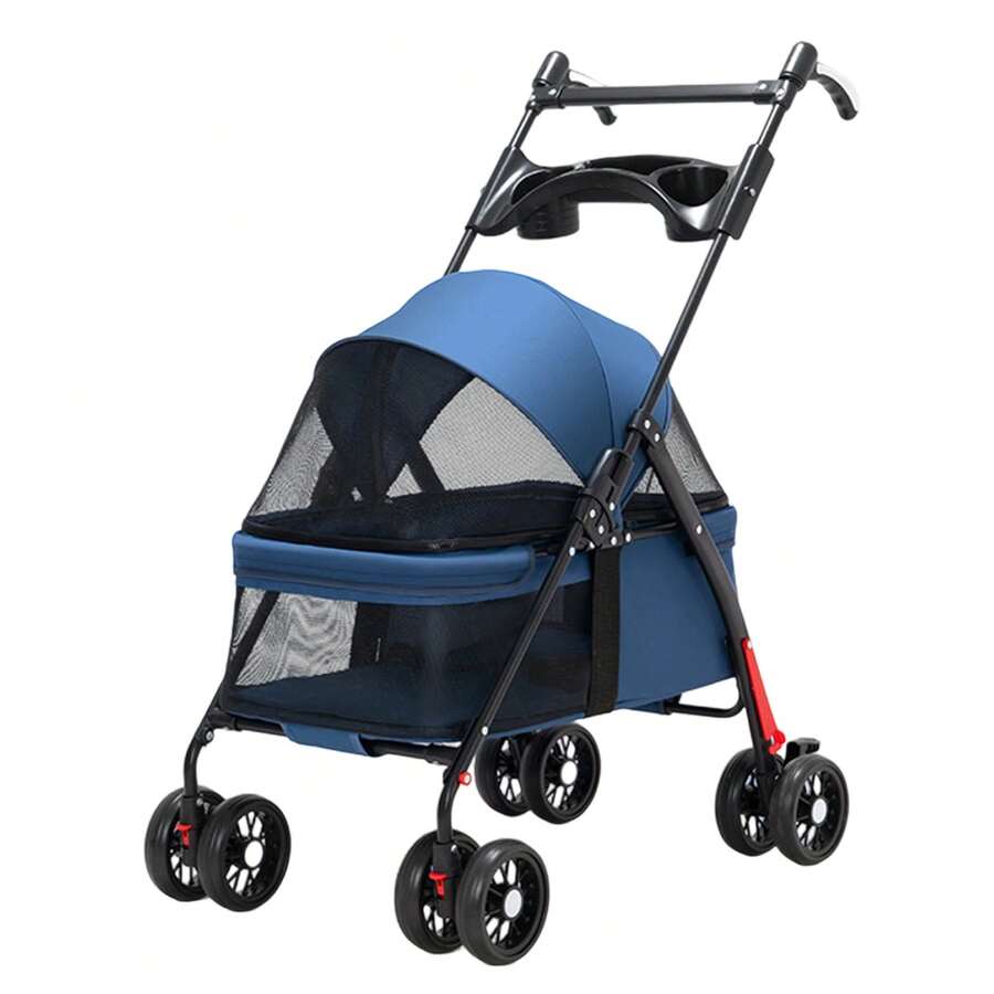 4-Wheel Pet Stroller With Rotating Handle - Foldable Dog Cat Stroller + Cup Holder - Blue - View 1
