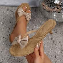 Summer New Rhinestone Bow Kitten Heel Flip Flops, Comfortable High Heel Slippers, Gentle Nude Color For Dates And Parties - Khaki - View 9