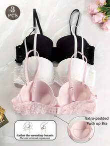 Bộ 3 áo ngực nâng ngực có ren, đệm dày và gọng, [Nên chọn size lớn hơn] - Nhiều màu - Xem 1