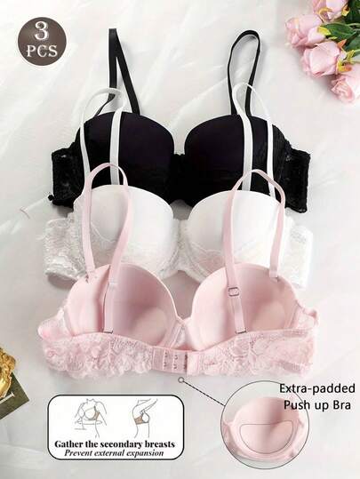 3件装蕾丝衬里聚拢文胸，加厚衬垫钢圈文胸，[建议选大一码]
