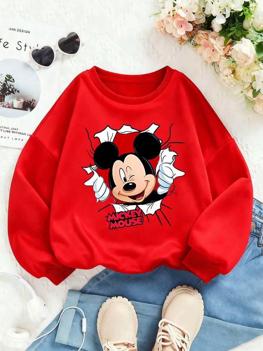 Disney Mickey Mouse Cartoon Pattern Print, Soft And Warm Girl Hoodie, Suitable For Girls' Daily Wear, Family Outings And Other Scenarios. - Đỏ - Xem 1