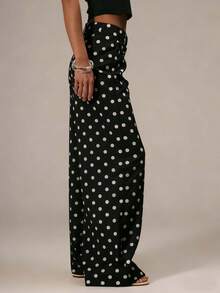 Womens Retro Polka Dot High Waist Pants, Wide Leg Trousers With Belt Loops, Casual Daily Outfit, Multiple Colors Available - 黑色 - 查看 2