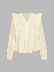 ii Plus Size Casual Solid Color Lace Patchwork Ruffle Trim Long Sleeve Top Spring - Apricot - View 4