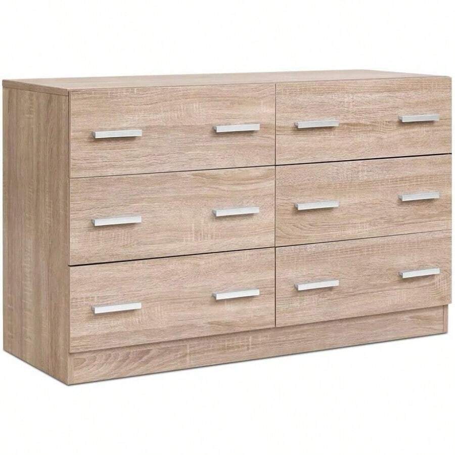 Chest Of Drawers 6 Drawer Oak Tallboy Dresser Clothes Storage Cabinet Organizer Lowboy Bedside Table Bedroom Furniture Home Living Room Hallway Entryway - Natural - 查看 1
