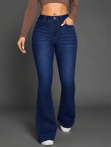 Women's Classic Style Dark Wash Flare Pants With A High Waist That Elongates The Silhouette, Offering Comfort And Elegance. Ideal For Everyday Wear, Work, Or Social Events, With A Perfect Fit To Enhance Curves And Create Modern, Sophisticated, And Versatile Looks. - Rửa tối - Xem 4