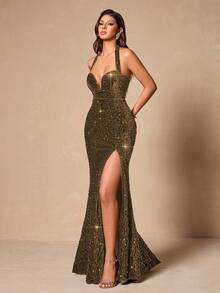 Backless High Slit Sequin Patchwork Formal Evening Gown, Elegant For Cocktail Party - Coffee - View 6