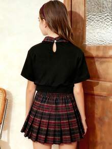 【返校两件套】8-12岁女童校园风套装 - 格纹爱心刺绣Polo衫 + 百褶撞色领半身裙 - 黑色 - 查看 4