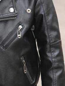 男童摩托车皮夹克，男童春秋拉链夹克，男童黑色春季防风夹克，时尚 - 黑色 - 查看 6