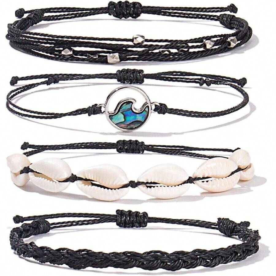 FANCY SHINY Wave String Bracelets Braid Puka Shell Bead Bracelets Handmade Cute  Boho Easter Jewelry Gifts For Women - Black - View 1