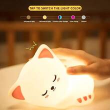 Rechargeable 7-Color LED Cat Night Light - Soft Silicone Material, USB Powered, Touch Control, Dimmable, Suitable For Bedroom Decor - Sleepy Cat - View 8