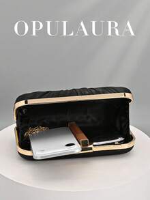 OpulAura 1件装复古优雅缎面手拿包，褶皱扭结设计，时尚晚礼服包，魅力精致的正式派对手提包，奢华盒式小包，适合派对/婚礼/正式场合晚宴，配有链条肩带，可肩背或斜挎 - 黑色 - 查看 3