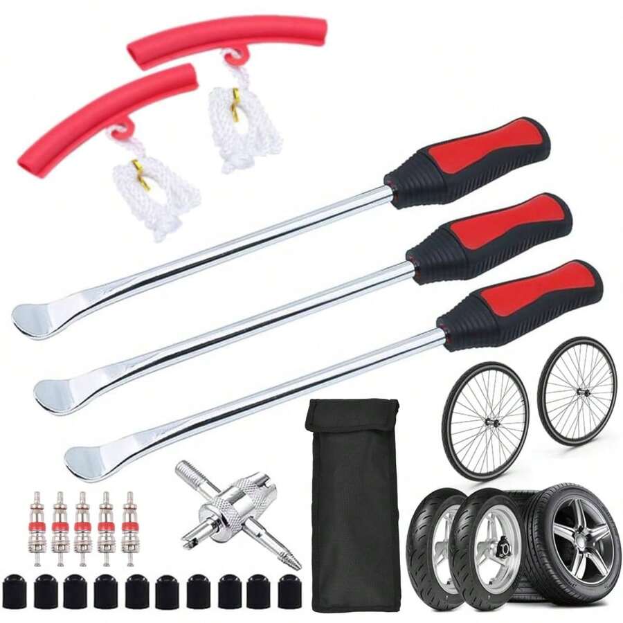 Juego de 22 herramientas para palanca de neumáticos, 3 cucharas de 30 cm con 2 protectores de llanta, kit de herramientas para palanca de cambio de neumáticos para motocicleta, bicicleta, coche y MTB. - Rojo - Ver 1
