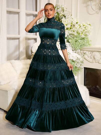 Nuevo vestido maxi de franela con diseño de encaje bordado vintage, vestido ajustado de manga larga con cuello alto, plisado, sexy, para boda, fiesta, evento formal, Día de San Valentín