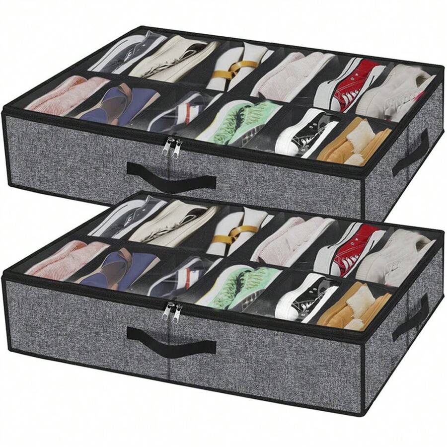 1pc Foldable Mesh Underbed Shoe Storage Bag, Extra Large Non-Woven Transparent Dust-Proof Organizer Bag, Holds Up To 12 Pairs Of Shoes - Black - View 1